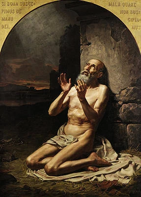 Elderly, partially nude man kneels on a cloth beside a stone ruin at dusk, hands raised in prayer in a classical religious painting.