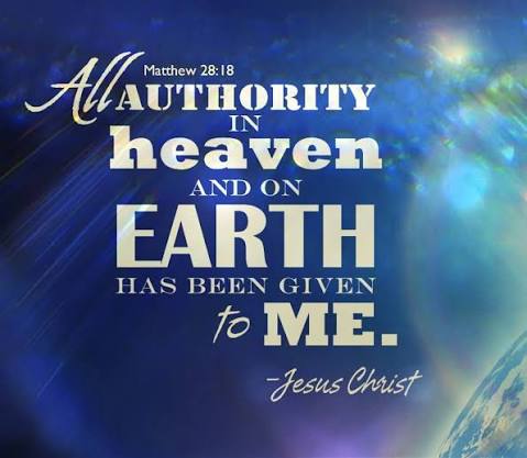 Blue-toned graphic displaying the Bible verse: 'All authority in heaven and on earth has been given to me' attributed to Jesus Christ, with a spacey background.